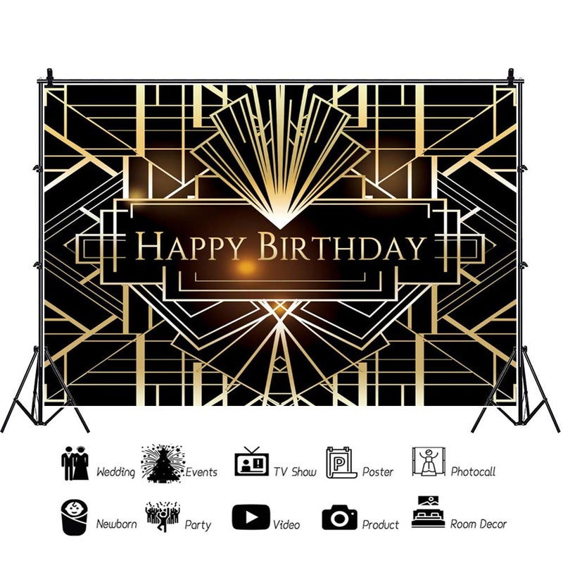 Leyiyi 8x6.5ft Luxurious Photography Backdrops Luxury Geometric 1920s Black and Gold Background Happy Birthday Backdrop Banner for Photography or Party Decoration - Image 3